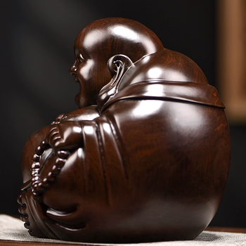 Drevená socha Budhu Maitreyu z ebónového dreva, masívne drevo, usmievajúci sa Buddha, stolný dekor pre domácnosť