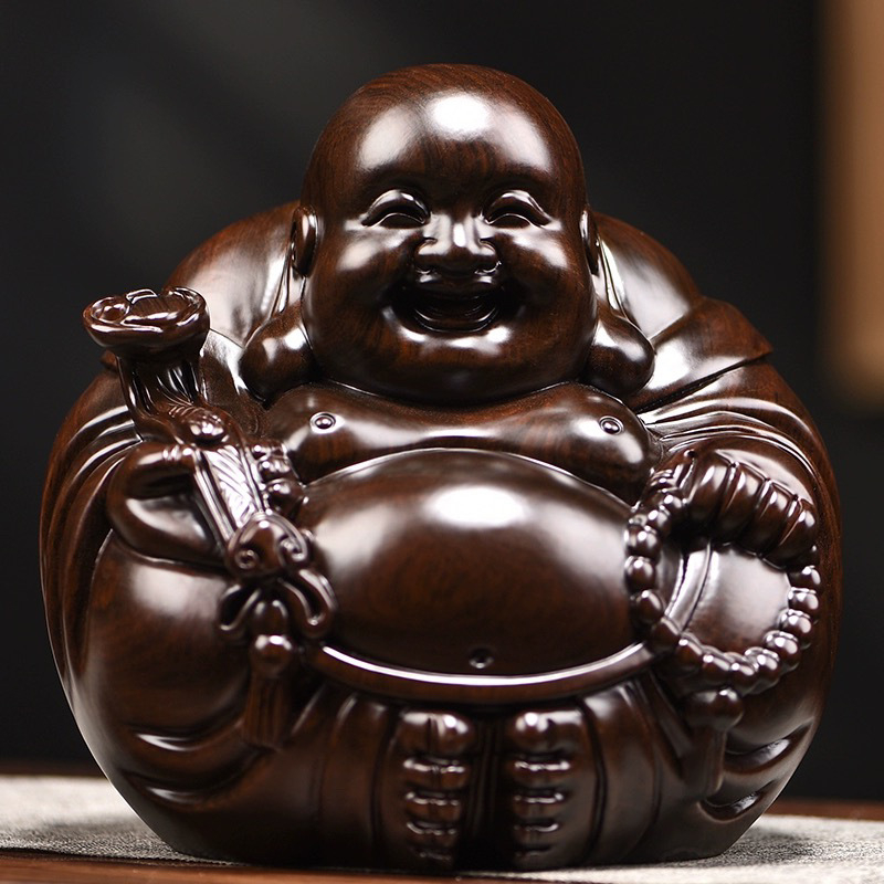 Drevená socha Budhu Maitreyu z ebónového dreva, masívne drevo, usmievajúci sa Buddha, stolný dekor pre domácnosť