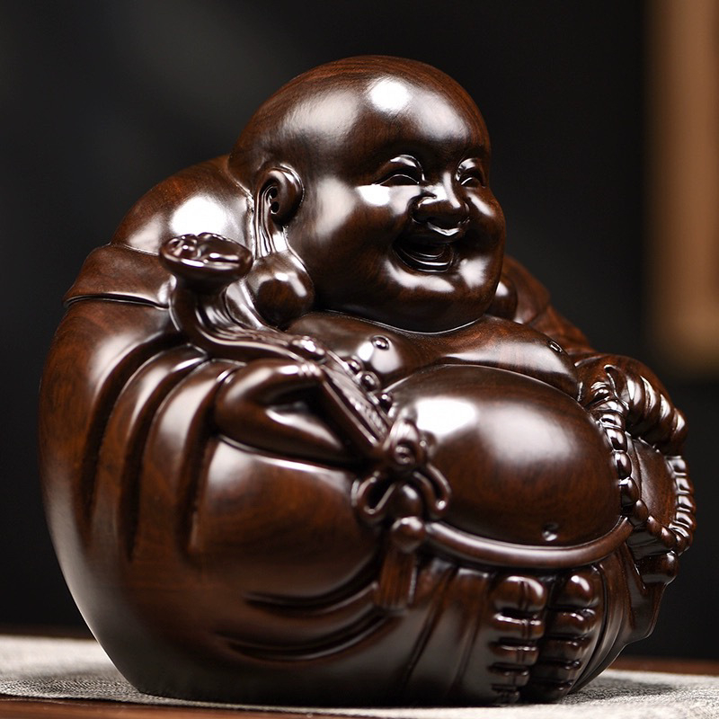 Drevená socha Budhu Maitreyu z ebónového dreva, masívne drevo, usmievajúci sa Buddha, stolný dekor pre domácnosť