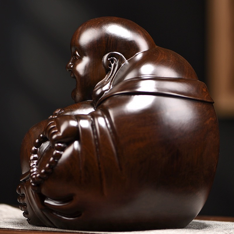 Drevená socha Budhu Maitreyu z ebónového dreva, masívne drevo, usmievajúci sa Buddha, stolný dekor pre domácnosť