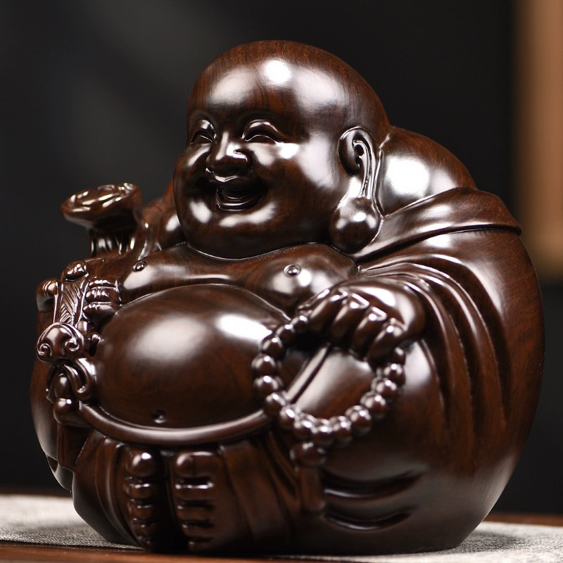 Drevená socha Budhu Maitreyu z ebónového dreva, masívne drevo, usmievajúci sa Buddha, stolný dekor pre domácnosť
