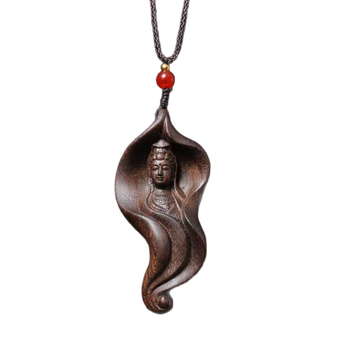 Drevený vyrezávaný Guanyin Bodhisattva príves so listom lotosu, unisex náhrdelník