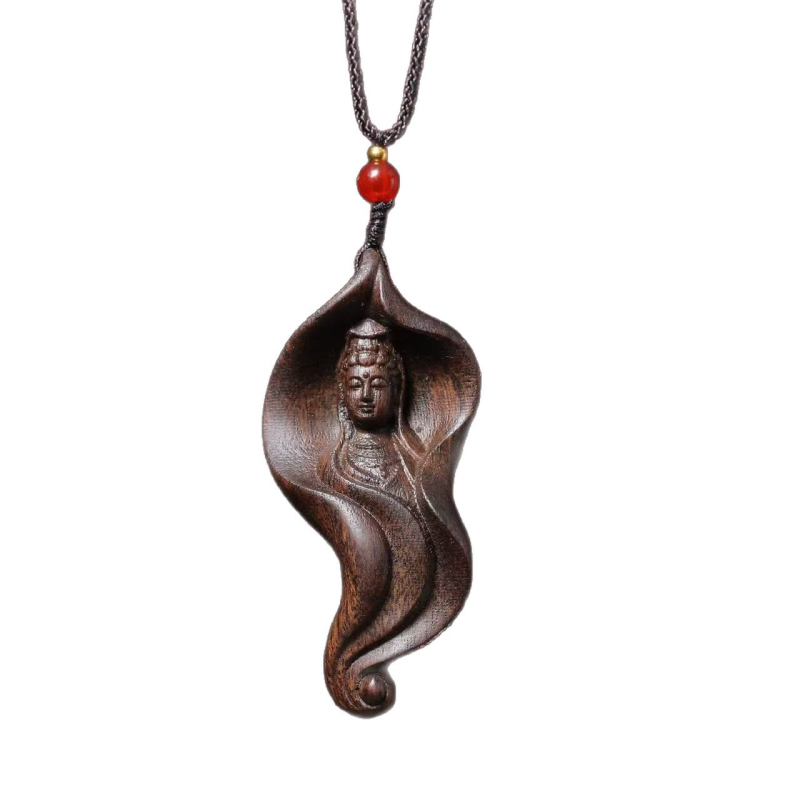 Drevený vyrezávaný Guanyin Bodhisattva príves so listom lotosu, unisex náhrdelník
