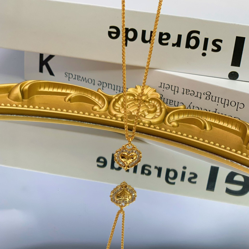 Lanac s privjeskom srca, 24K pozlata, čvrsto očuvanje boje, vintage stil Europe-Amerika, sjajan dijamantni privjesak, za žene, lanac za ključnu kost