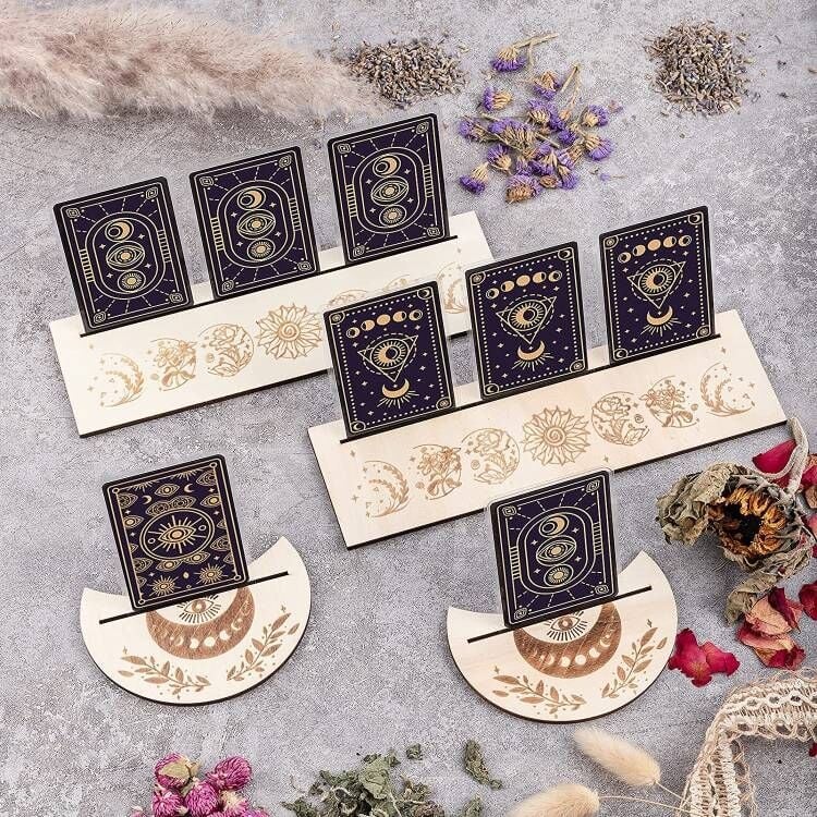 Drevený stojan na Tarot karty v tvare mesiaca, s klipom na karty, DIY dizajn, vyhotovené na objednávku
