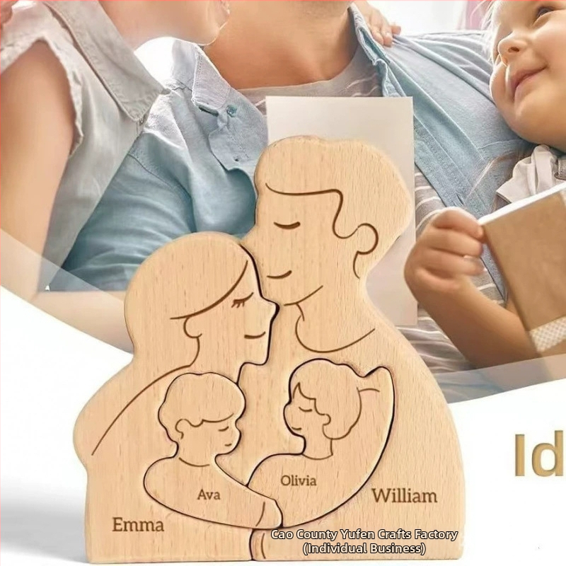 Drevená 3D skladačka s objímajúcou rodinou medveďa – domáci dekor, darček na Deň matiek