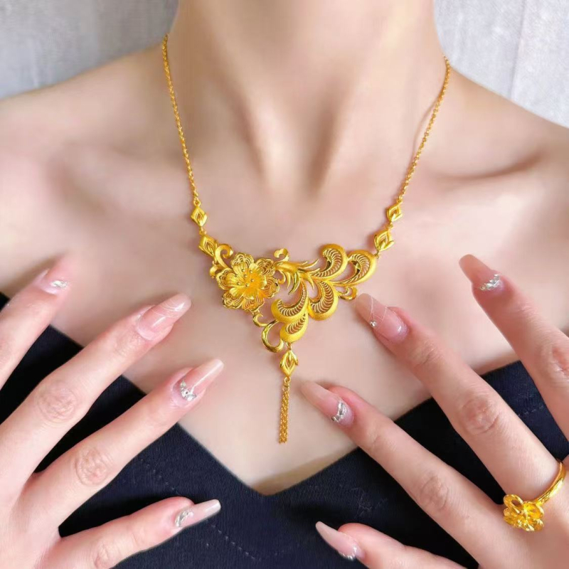 Zlatna ogrlica s drevnim feniksom i cvijetom sreće za žene, elegantna i luksuzna
