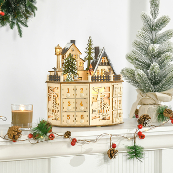 Drevený vianočný Advent kalendár so 24-dňovým hudobným odpočítavaním, ozdoba s motívom vianočného dedinského námestia