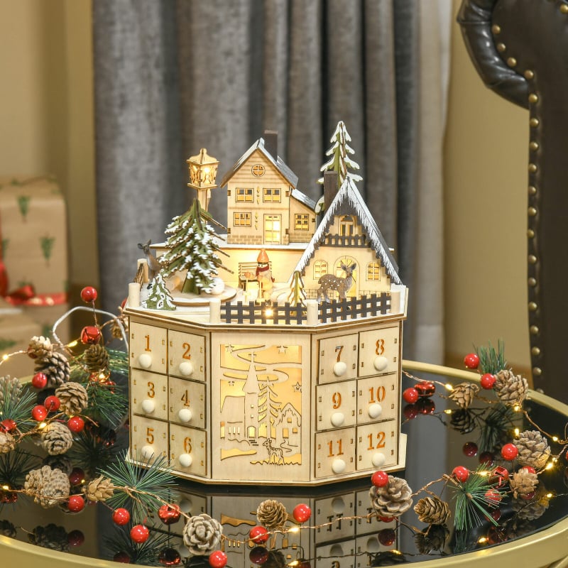 Drevený vianočný Advent kalendár so 24-dňovým hudobným odpočítavaním, ozdoba s motívom vianočného dedinského námestia