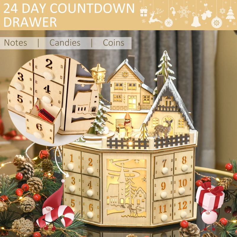 Drevený vianočný Advent kalendár so 24-dňovým hudobným odpočítavaním, ozdoba s motívom vianočného dedinského námestia