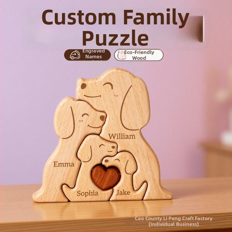 Drevená súprava ozdô pre domov: rodina psov – puzzle ozdoby a vyrezávané figurky