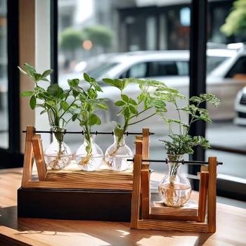 Hydroponický pothos v sklenenej glóbii so dreveným rámom, dekorácia na stol do kancelárie, sklo s vysokým borosilikátom, vintage farba