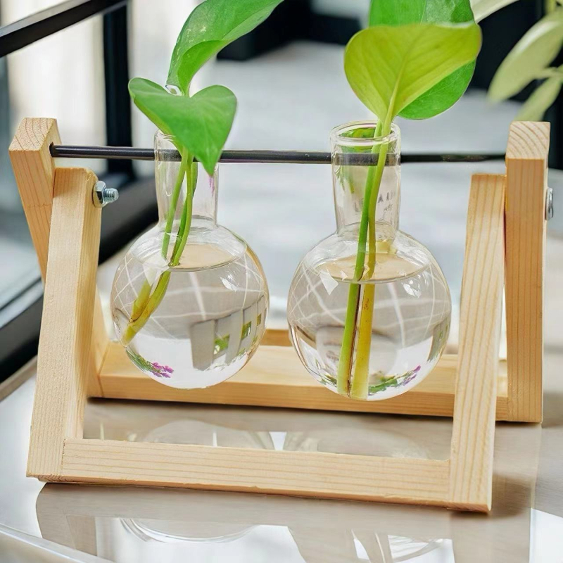 Hydroponický pothos v sklenenej glóbii so dreveným rámom, dekorácia na stol do kancelárie, sklo s vysokým borosilikátom, vintage farba