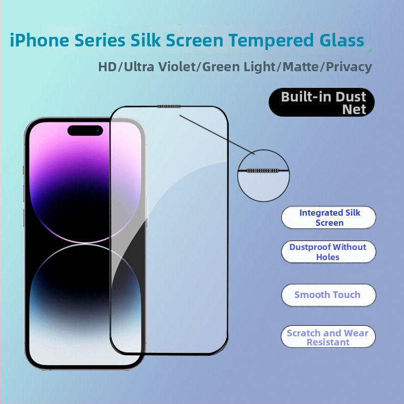 HD tvrdené sklo s celoobrazovkovou ochranou, integrovaná sieť proti prachu, sieťotlač (silk screen), pre iPhone 11–14 sériu