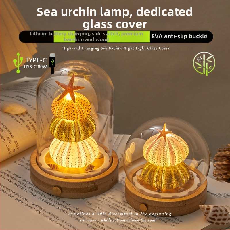 Nočná lampa v tvare morského ježa s uchovanými kvetmi, skleneným krytom a základňou, svietiacimi vláknami na šnúre, figúrka na výstavu v priesvitnom prachotesnom boxe