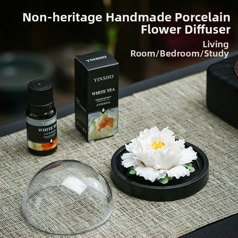 Ručne vyrobený porcelánový difuzér s kvetinovým motívom – aromaterapeutická ozdoba do obývačky, spálne a pracovne; keramická darčeková sada