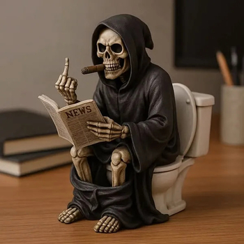 Socha Smrti so stredným prstom pre toaletu, dekorácia na Halloween, ornament z živice