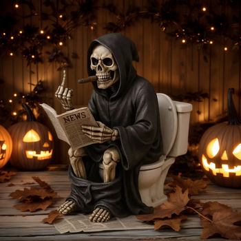 Socha Smrti so stredným prstom pre toaletu, dekorácia na Halloween, ornament z živice