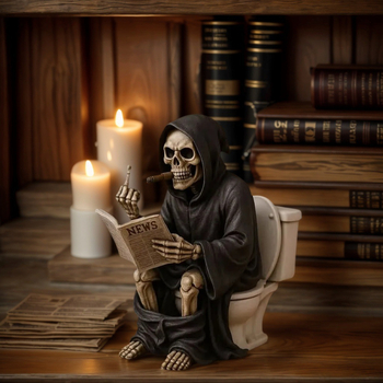 Socha Smrti so stredným prstom pre toaletu, dekorácia na Halloween, ornament z živice