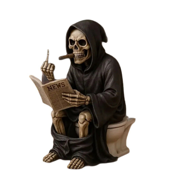 Socha Smrti so stredným prstom pre toaletu, dekorácia na Halloween, ornament z živice