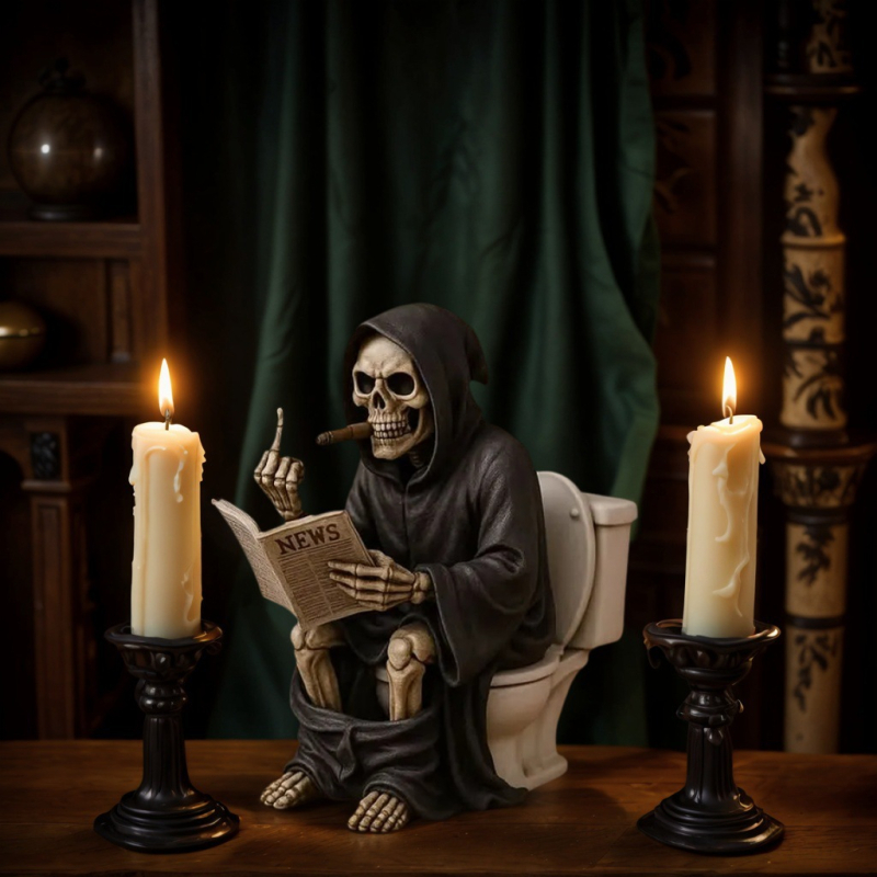 Socha Smrti so stredným prstom pre toaletu, dekorácia na Halloween, ornament z živice