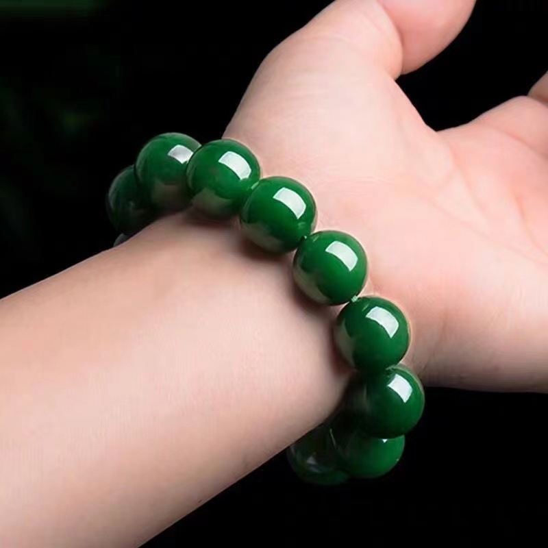 Narukvica od jadea sa špinat-zelene okrugle perle, budističkog stila perle, unisex moda