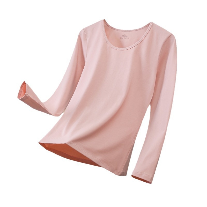 Tricou de bază feminin din bumbac periat, subțire, culoare solidă, guler rotund, mâneci lungi, termic, toamnă-iarna 2024