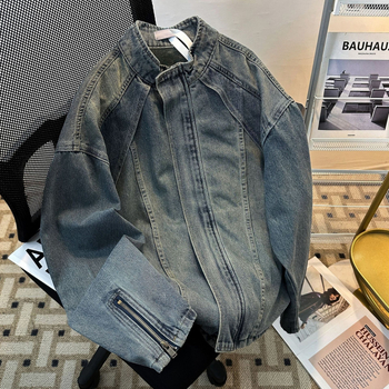 Férfi denim dzseki tavasz-őszre, nagy méret, álló gallérral, cipzárral, lazább szabás, casual munkaruházat