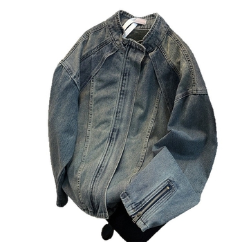 Férfi denim dzseki tavasz-őszre, nagy méret, álló gallérral, cipzárral, lazább szabás, casual munkaruházat