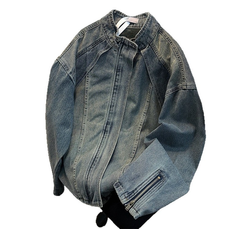 Férfi denim dzseki tavasz-őszre, nagy méret, álló gallérral, cipzárral, lazább szabás, casual munkaruházat