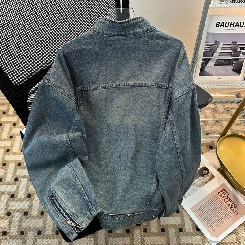 Férfi denim dzseki tavasz-őszre, nagy méret, álló gallérral, cipzárral, lazább szabás, casual munkaruházat