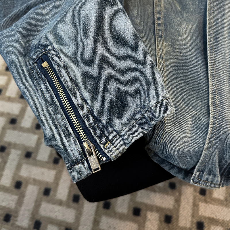 Férfi denim dzseki tavasz-őszre, nagy méret, álló gallérral, cipzárral, lazább szabás, casual munkaruházat