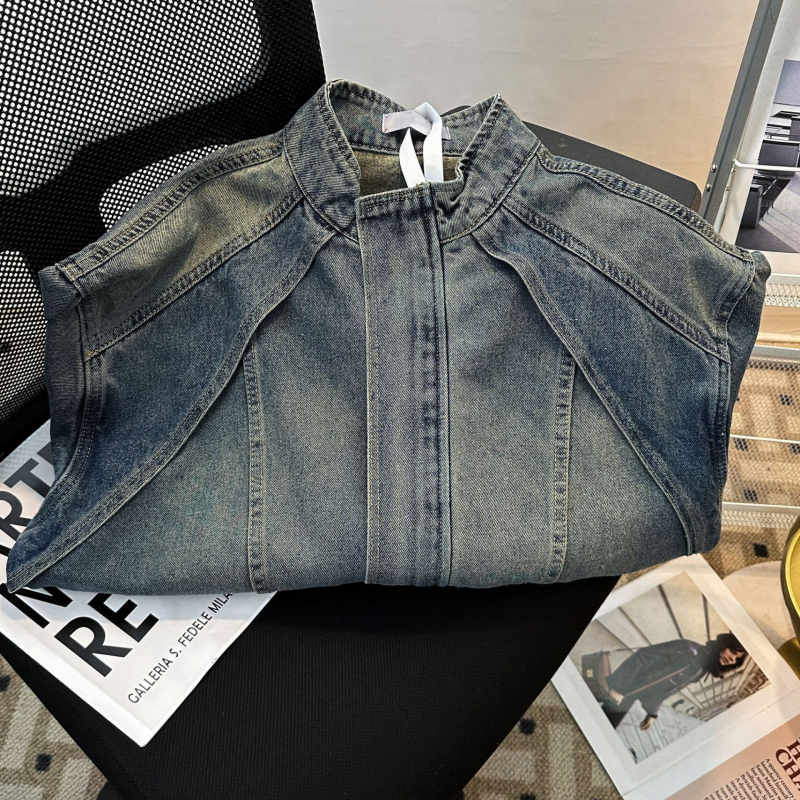 Férfi denim dzseki tavasz-őszre, nagy méret, álló gallérral, cipzárral, lazább szabás, casual munkaruházat