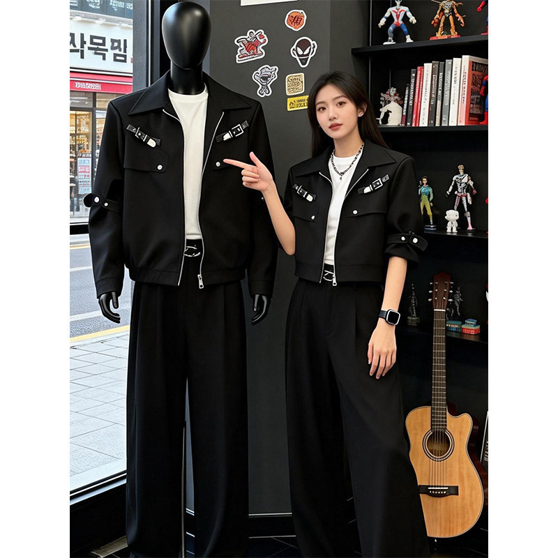 Fekete dekonstrukciós vállú férfi dzseki, tavaszi–őszi, rövid szabású munkás/bikerdzseki