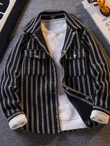 Japán retro színblokkolt csíkos denim inga-dzseki, laza szabású, férfiak számára, tavasz–ősz WT033