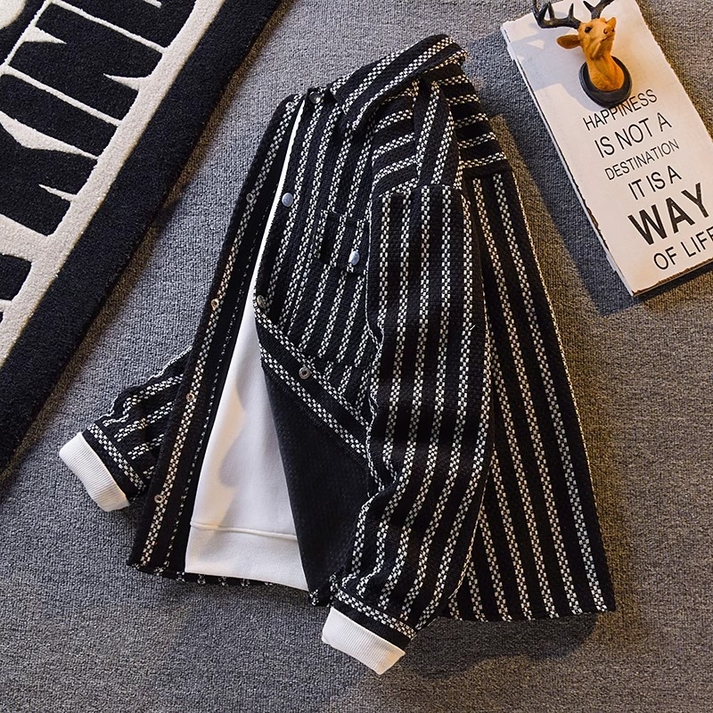 Japán retro színblokkolt csíkos denim inga-dzseki, laza szabású, férfiak számára, tavasz–ősz WT033