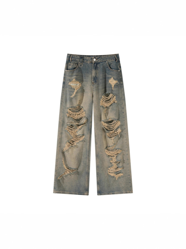 Férfi kopott farmernadrág, denimből, egyenes és széles szárú, vintage utcai stílus