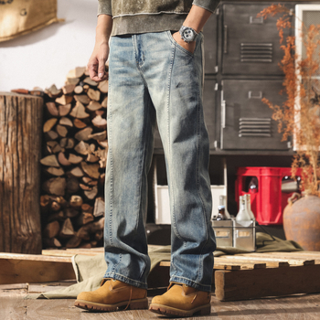 Férfiaknak szóló amerikai retro farmernadrág, egyenes szabás, patchwork, lazán szabott, mosott denim, mindennapi hosszú nadrág