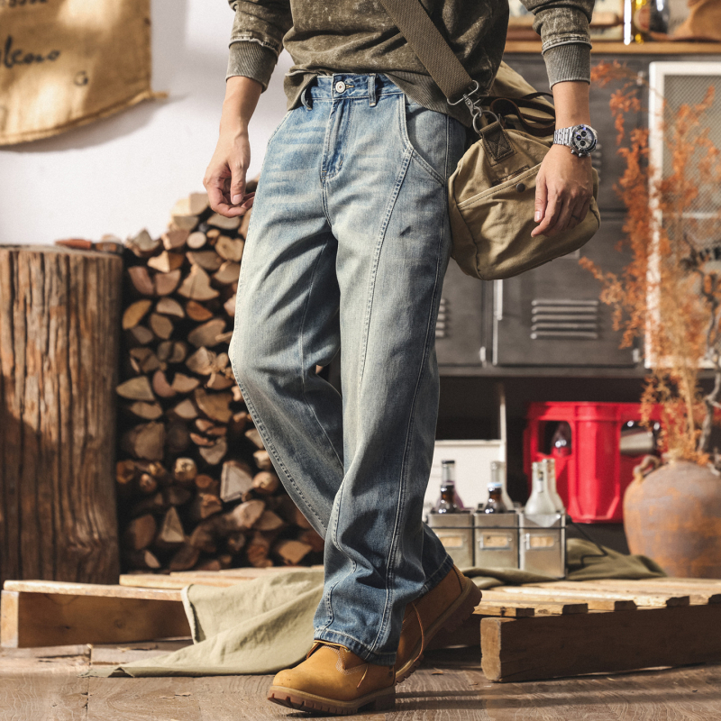 Férfiaknak szóló amerikai retro farmernadrág, egyenes szabás, patchwork, lazán szabott, mosott denim, mindennapi hosszú nadrág