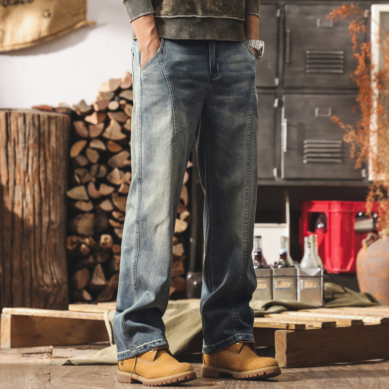 Férfiaknak szóló amerikai retro farmernadrág, egyenes szabás, patchwork, lazán szabott, mosott denim, mindennapi hosszú nadrág