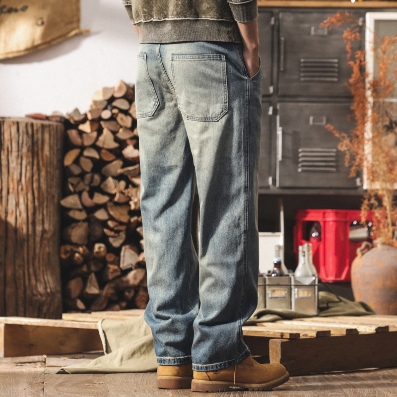 Férfiaknak szóló amerikai retro farmernadrág, egyenes szabás, patchwork, lazán szabott, mosott denim, mindennapi hosszú nadrág