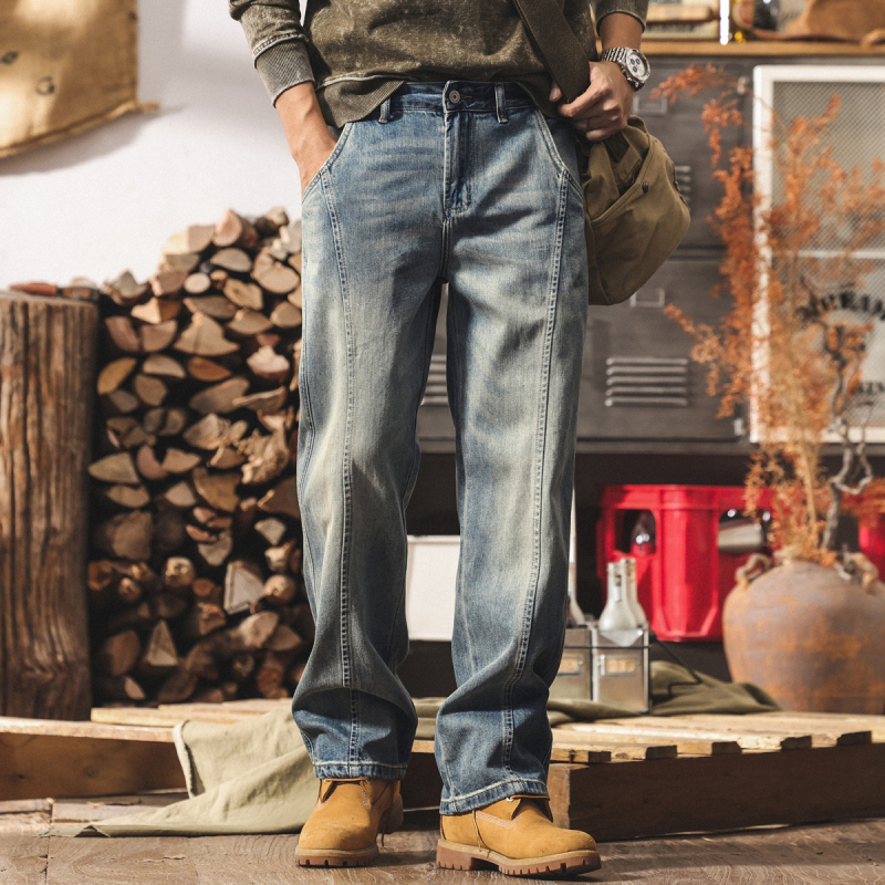 Férfiaknak szóló amerikai retro farmernadrág, egyenes szabás, patchwork, lazán szabott, mosott denim, mindennapi hosszú nadrág