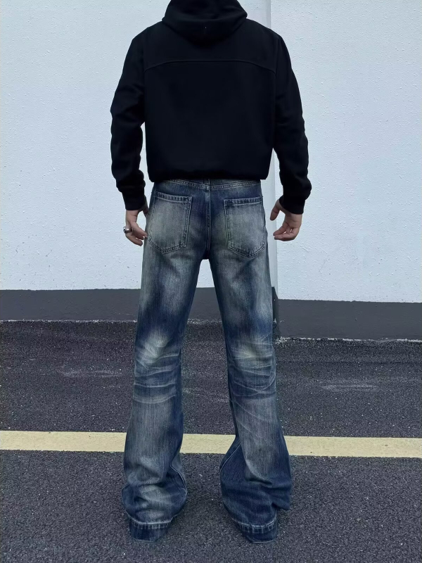 Muške traperice američkog stila Cleanfit, opuštena ravna silueta s mikro flareom, oprane whisker efektom, vintage istrošeni izgled