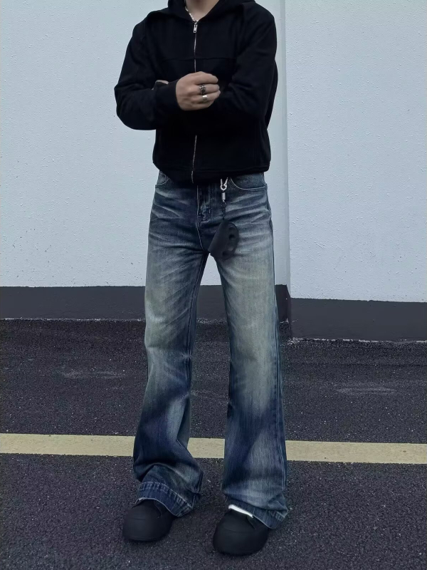 Muške traperice američkog stila Cleanfit, opuštena ravna silueta s mikro flareom, oprane whisker efektom, vintage istrošeni izgled