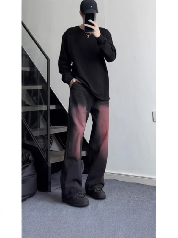 Férfi mosott gradient rózsaszín farmernadrág – egyenes, laza, széles szárú, mikro-flare, denim