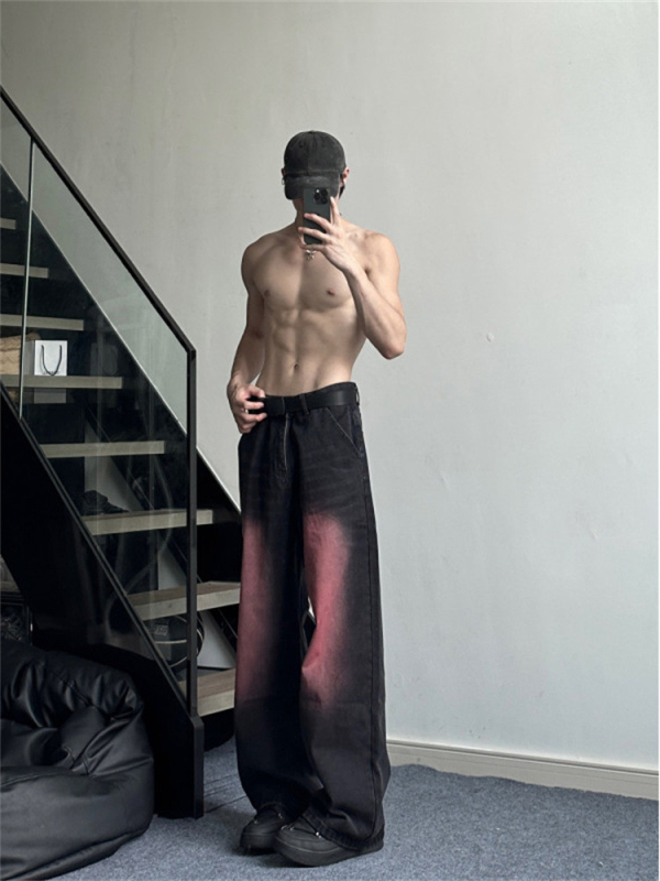 Férfi mosott gradient rózsaszín farmernadrág – egyenes, laza, széles szárú, mikro-flare, denim