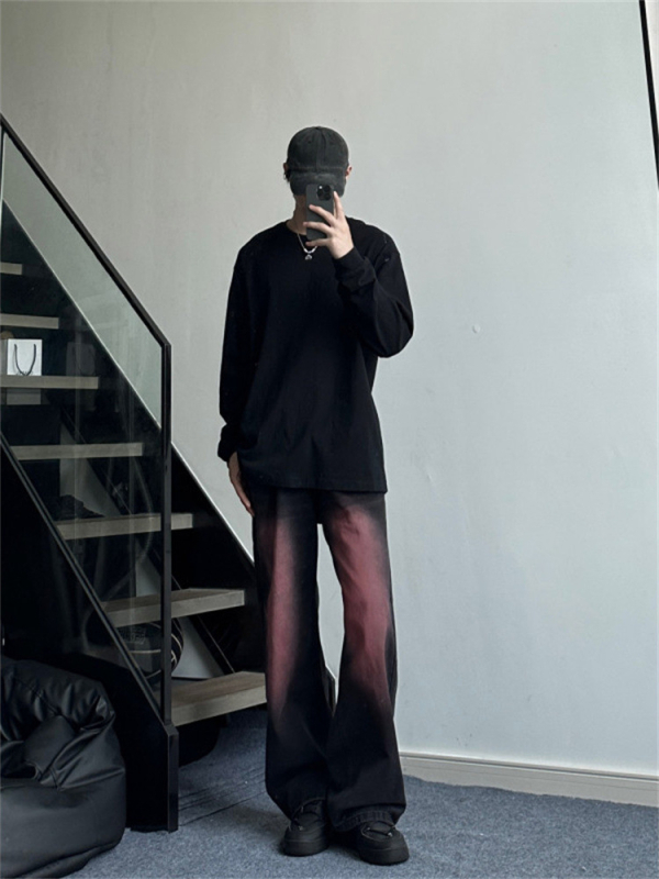 Férfi mosott gradient rózsaszín farmernadrág – egyenes, laza, széles szárú, mikro-flare, denim