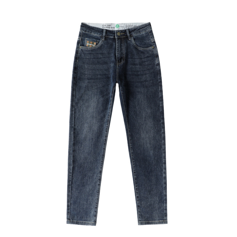 Férfi koreai stílusú denimnadrág, rugalmas, mindennapi viselet, slim-straight szabás