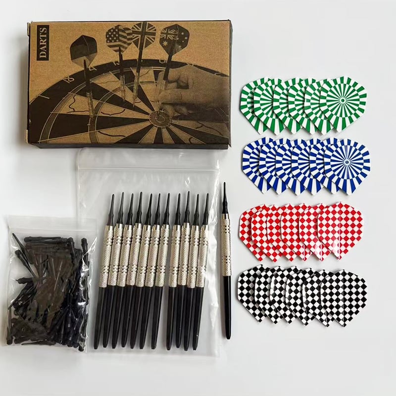 Set sigurnosnih dart igala od 14 g, 12 igala za darts + 100 mekih gumastih vrhova, kutija od Kraft papira