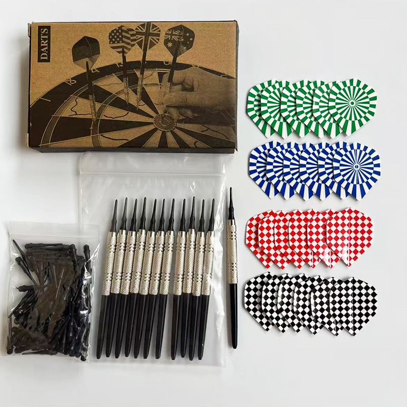 Set sigurnosnih dart igala od 14 g, 12 igala za darts + 100 mekih gumastih vrhova, kutija od Kraft papira